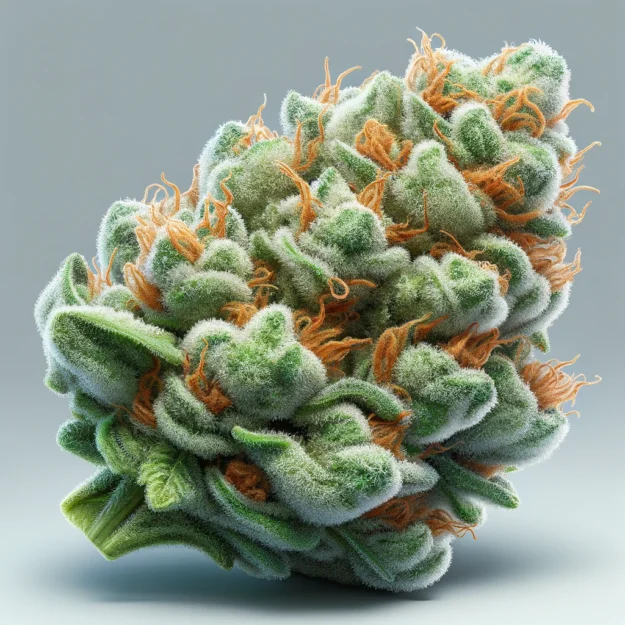 dalle-2024-04-24-08.58.56—realistic-depiction-of-the-horchata-cannabis-strain.-the-image-should-feature-super-dense-and-lumpy-minty-green-nugs-with-thin-orange-hairs-and-a-coat Horchata strain